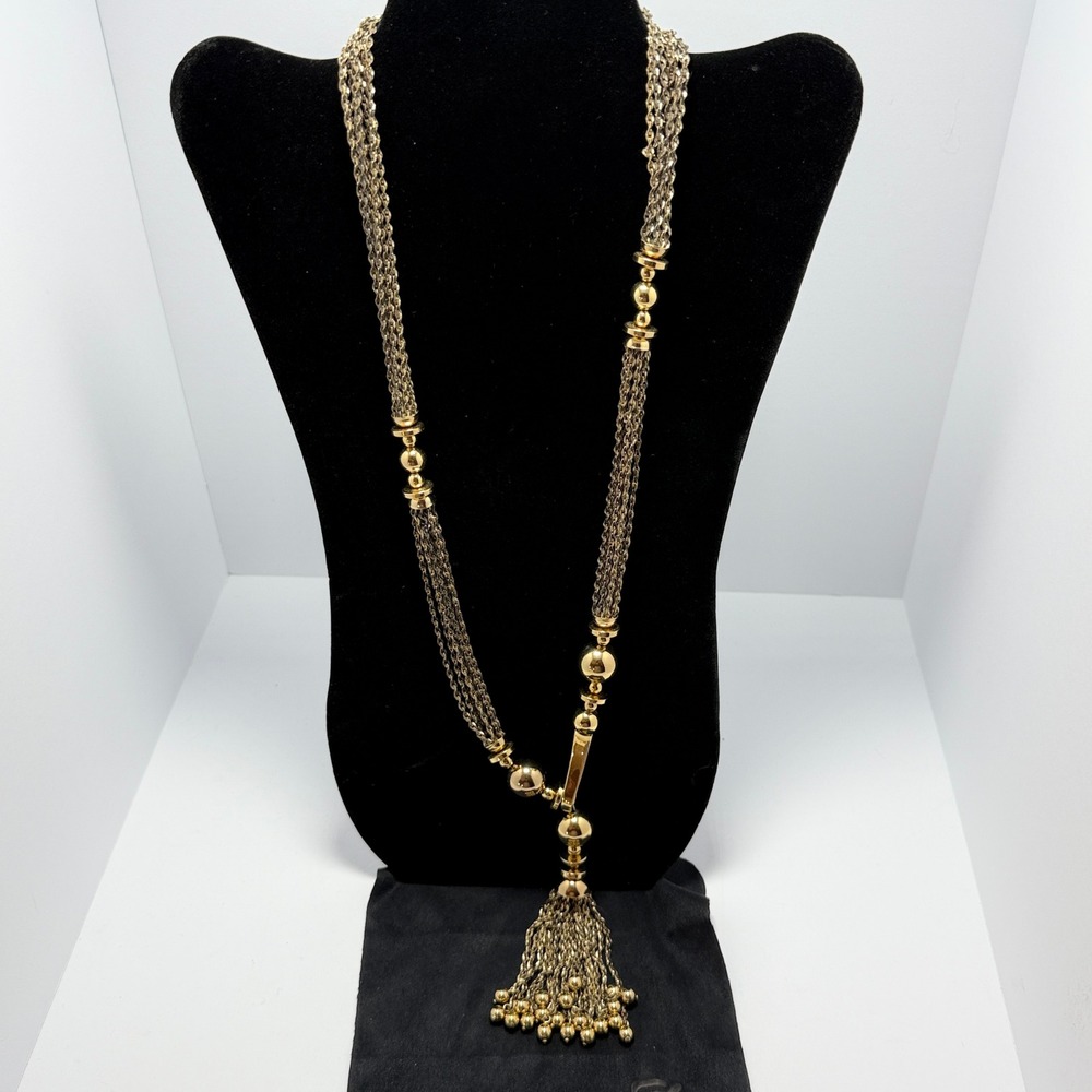 Long Multi Strand Tassel Necklace Womens Gold Tone Bead Accent Layered Chain 19" - Picture 1 of 3